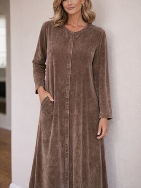 FLAX by Jeanne Engelhart Vintage Brown Velvet Velour Maxi Dress Pockets Medium